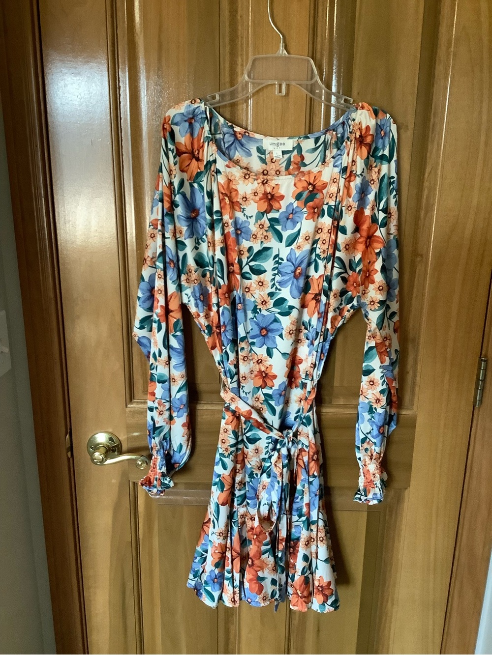Umgee Floral Long Sleeve Tie-Waist Dress in White, Blue & Orange
